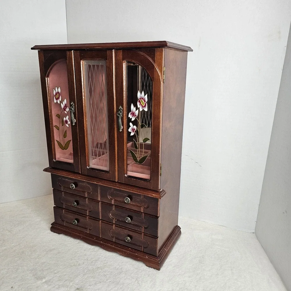Vintage Wood 2 Door Jewelry Box Armoire Style Cabinet w Mirror Organizer Drawers